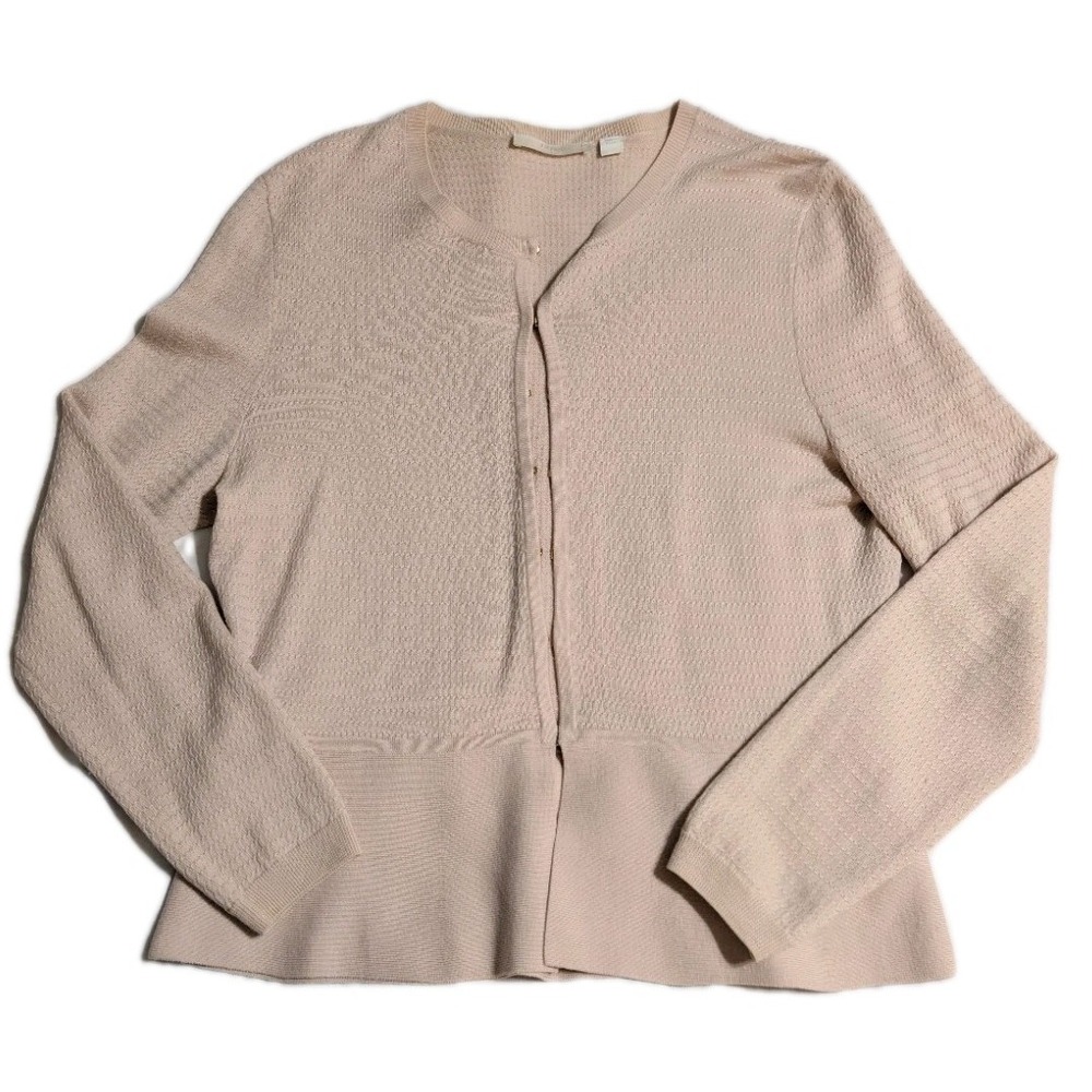 Hugo Boss Textured Knit Cardigan Sweater Beige Gold Hook Closure Womens L‎